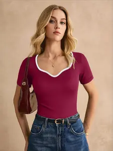 Women's Casual Sporty Square Neck Design Colorblock Pattern Top, Elastic Soft Fabric, Spring Summer Wear, Slim Fit Ruched Short Sleeve