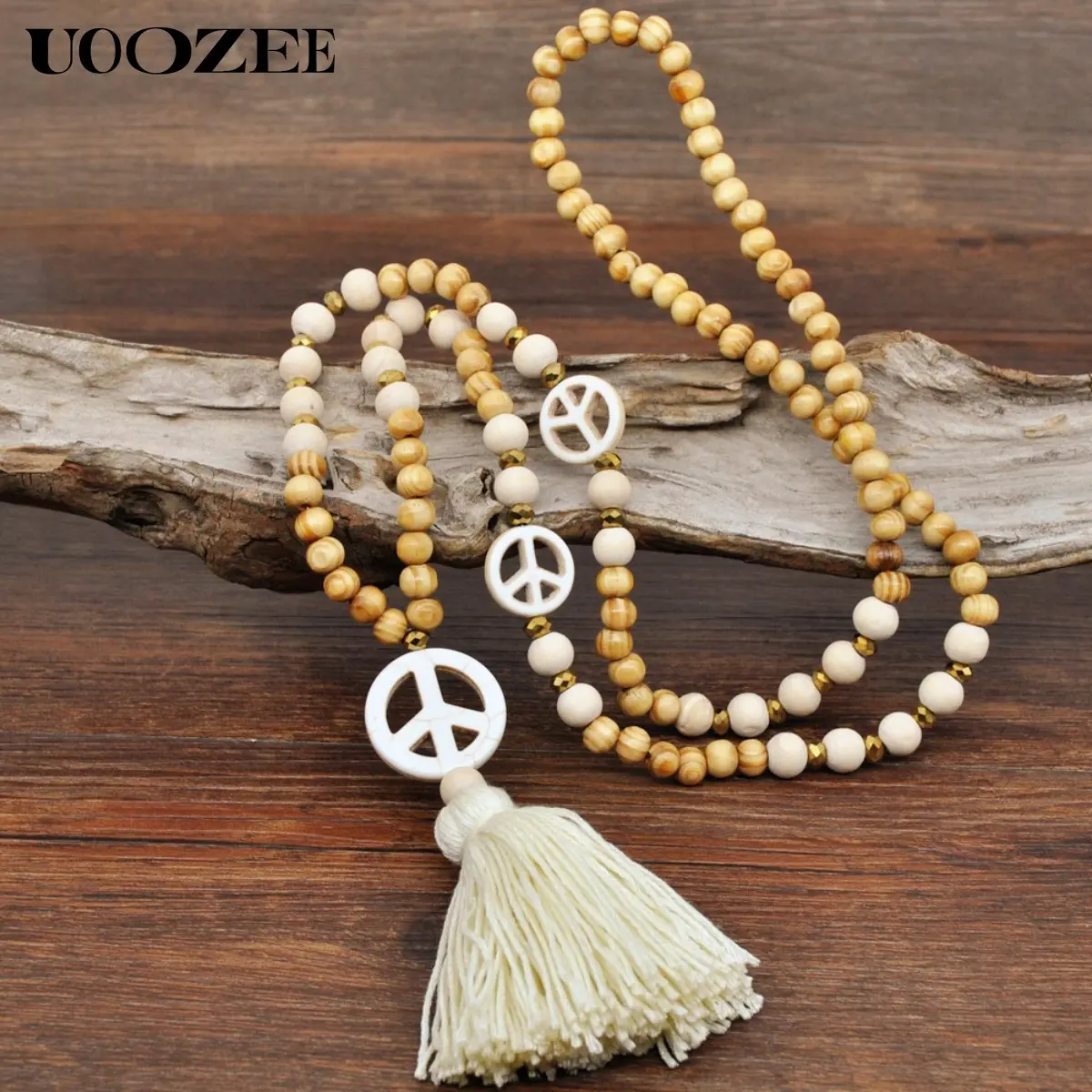 UOOZEE Women's Bohemian Style Handcrafted Necklace - Wooden Beaded Textured Tassel Pendant, Peace Sign Turquoise Shell Long Sweater Chain, Bohemian Textured Tassel Necklace, Bohemian Style Necklace