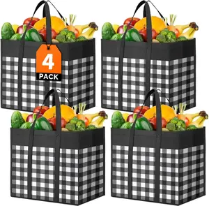 4-Pack Foldable Large Waterproof Reusable Tote Bags - Multipurpose Shopping Bags with Reinforced Handles