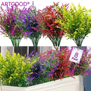 ArtGood - 8PCS - Lifelike Artificial Flower, Outdoor Artificial Lavender Flowers, UV Resistant Non-Fading, Wedding Home Office Decor, Plastic Plants, Hanging Garden Window Box Vase Decoration
