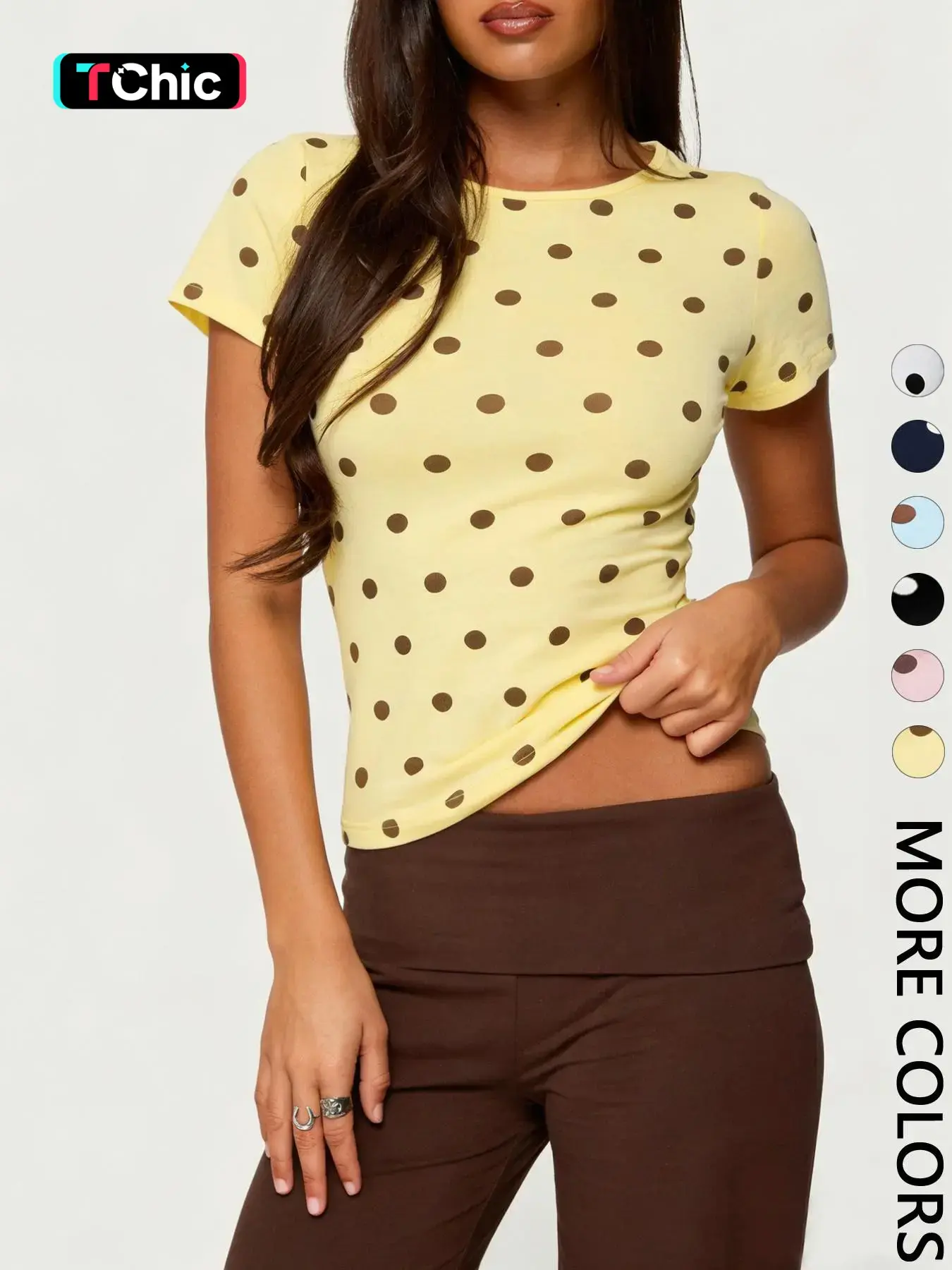 1pc Spring Summer Polka Dot Women's Baby Tee, Casual Trendy Tee, Casual Tee Tops, Round Neck Slim Fit Cropped Short Sleeve Top Womenswear, Y2K 90s Retro Preppy Casual Style for Daily, Vacation & Date Wear