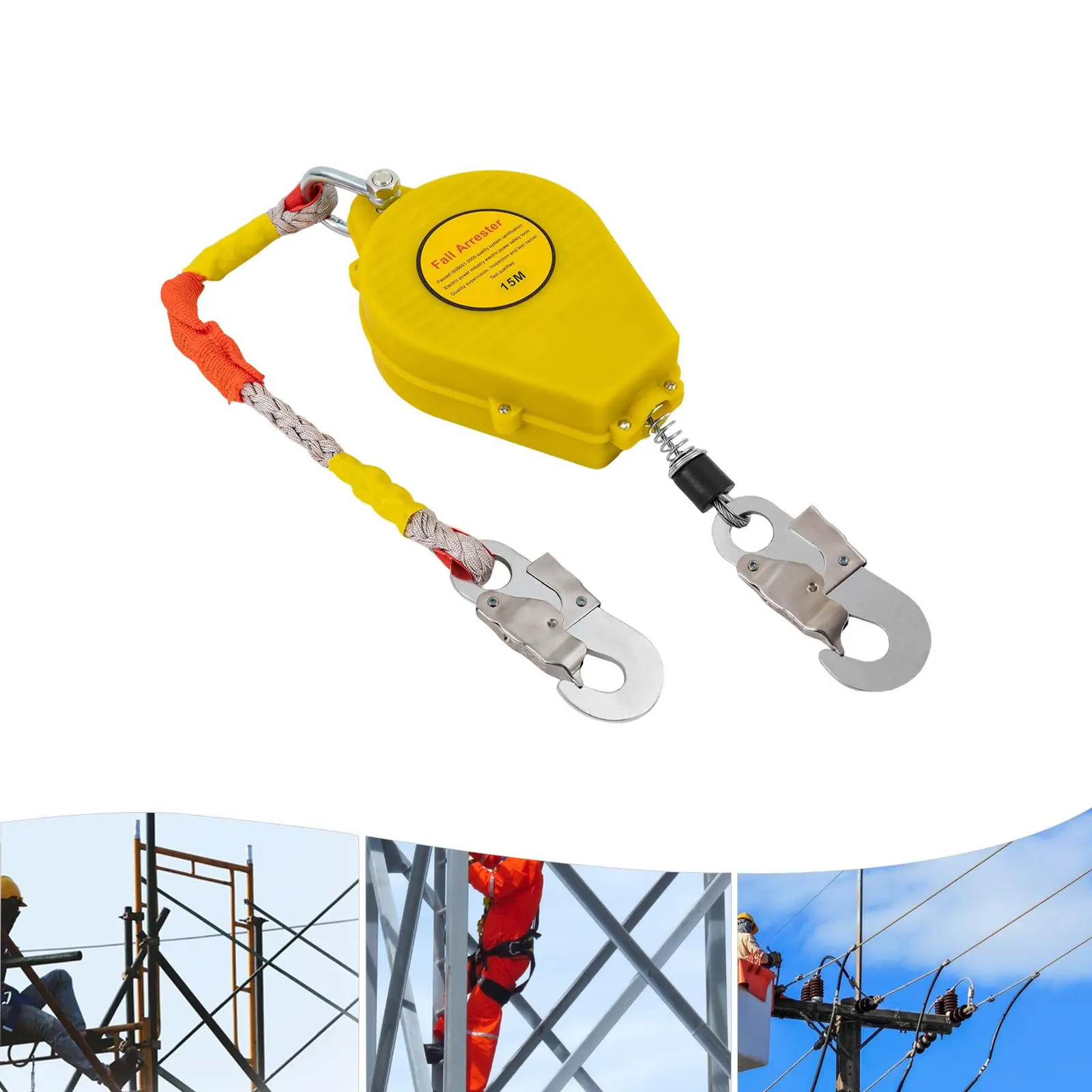 Sturdy 1 Safety Fall Arrester, 15m/49.21ft Self-Retracting Lifeline, 330 lbs Capacity, Anti-Ratchet, Rubber-Coated Aluminum Hook, Nylon-Reinforced Alloy Steel Wire Rope, PP Components, 1 English Manual for Engineering Construction