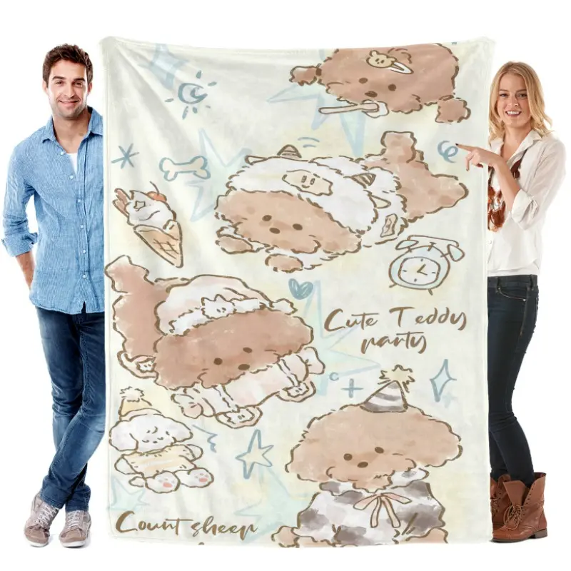 Kawaii Watercolor Teddy Bear Flannel Fabric Blanket - Soft Texture Single-Piece Throw for Bedroom/Dorm Decor, Indoor Use Soft Life Aesthetic