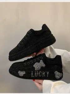 Full Diamond Thick Rubber Sole Sport Casual Shoes, Trainer, Unique Design Handmade Embellished Luxury Thong Dad Sneakers, Party Banquet Multi-Scene Cool Women's Shoes