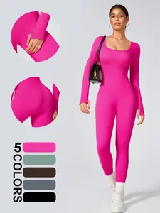 OPAAK Women Sports Tight Fitting Playsuit Jumpsuit Workout Ribbed Long Sleeve Exercise Sportswear Bodysuits One piece Yoga Suit in Solid Color Smooth as Butter Soft and Luxurious Elastic Waistband Tummy Control Breathable Fabric Four Way Stretch