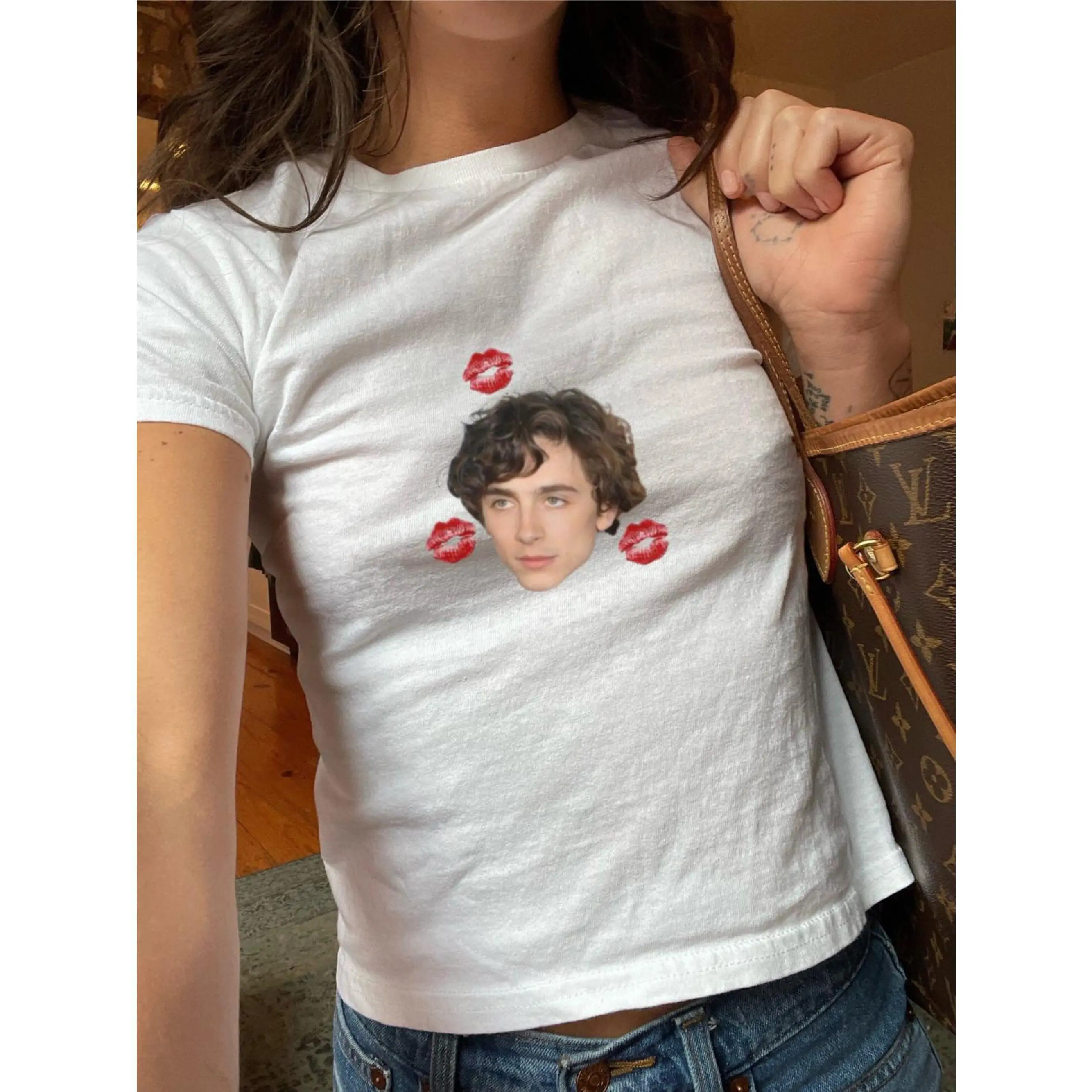 Timmothee Chalamet Baby Tee, Graphic Tshirt, Womens Fitted Tops, Y2K 90s Style Baby Tee, Retro, Trendy, Printed, Crush, Gift Ideas