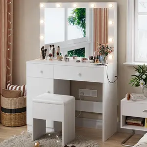 White Makeup Vanity Desk Set with 11 LED Lights 3 Adjustable Light Modes Built in Power Outlet Storage Cabinet Storage Drawers and Matching Chair Dressing Vanity for Bedroom Indoor Use