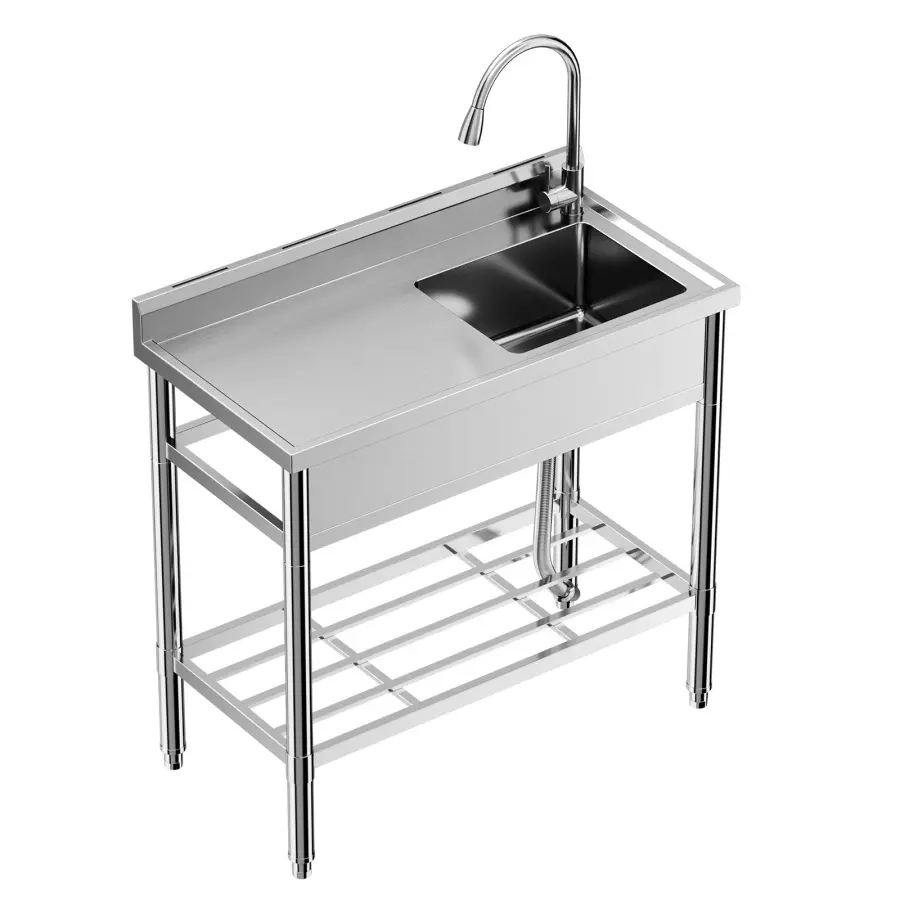 Stainless Steel Utility Sink, 47"x20"x37" Freestanding Single Bowl with Storage Shelf, Pull-Out Hot & Cold Faucet, Commercial Kitchen Laundry Bathroom Garage Garden Sink