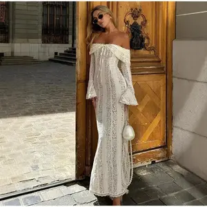 Women's Plain Contrast Lace Off Shoulder Fit Dress, Chic Elegant Long Sleeve Dress for Party Holiday Wedding Guest, Ladies Clothes for All Seasons, Formal Longsleeves Womenswear, Elegant Dresses