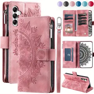 Zipper wallet phone cases suitable for 36 A16 A06 A55 A35 A25 A15 A05 S A54 A34 A24 A14 A73 A53 A33 A23 A13 A72 A52. Handheld faux leather flip cover with credit card slots, wrist strap, and embossed pattern protective cover.