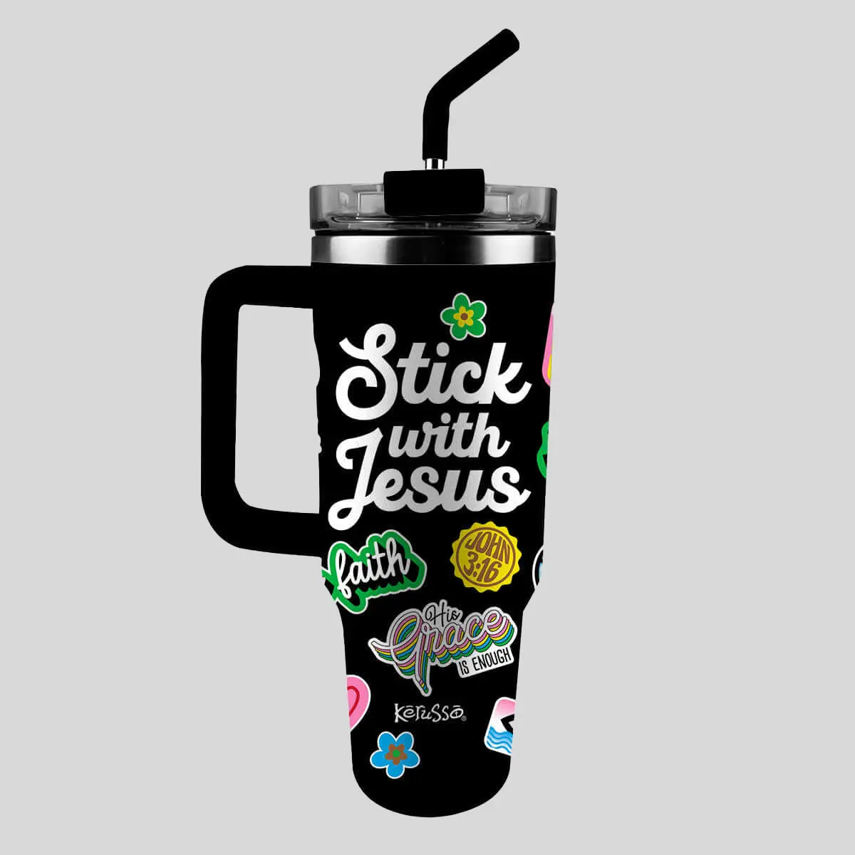 Kerusso 40 oz Vacuum Stainless Steel Jesus-Themed Mug, Silicone Straw, Plastic Straw Lid