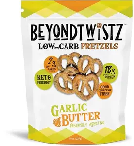 BeyondTwistz Low Carb Pretzels, Garlic Butter, Keto Friendly, 2g Net Carbs, 18g Protein, Powered By HealthSense® High Fiber Wheat Flour, Family Size 8oz Bag, Pack of 1