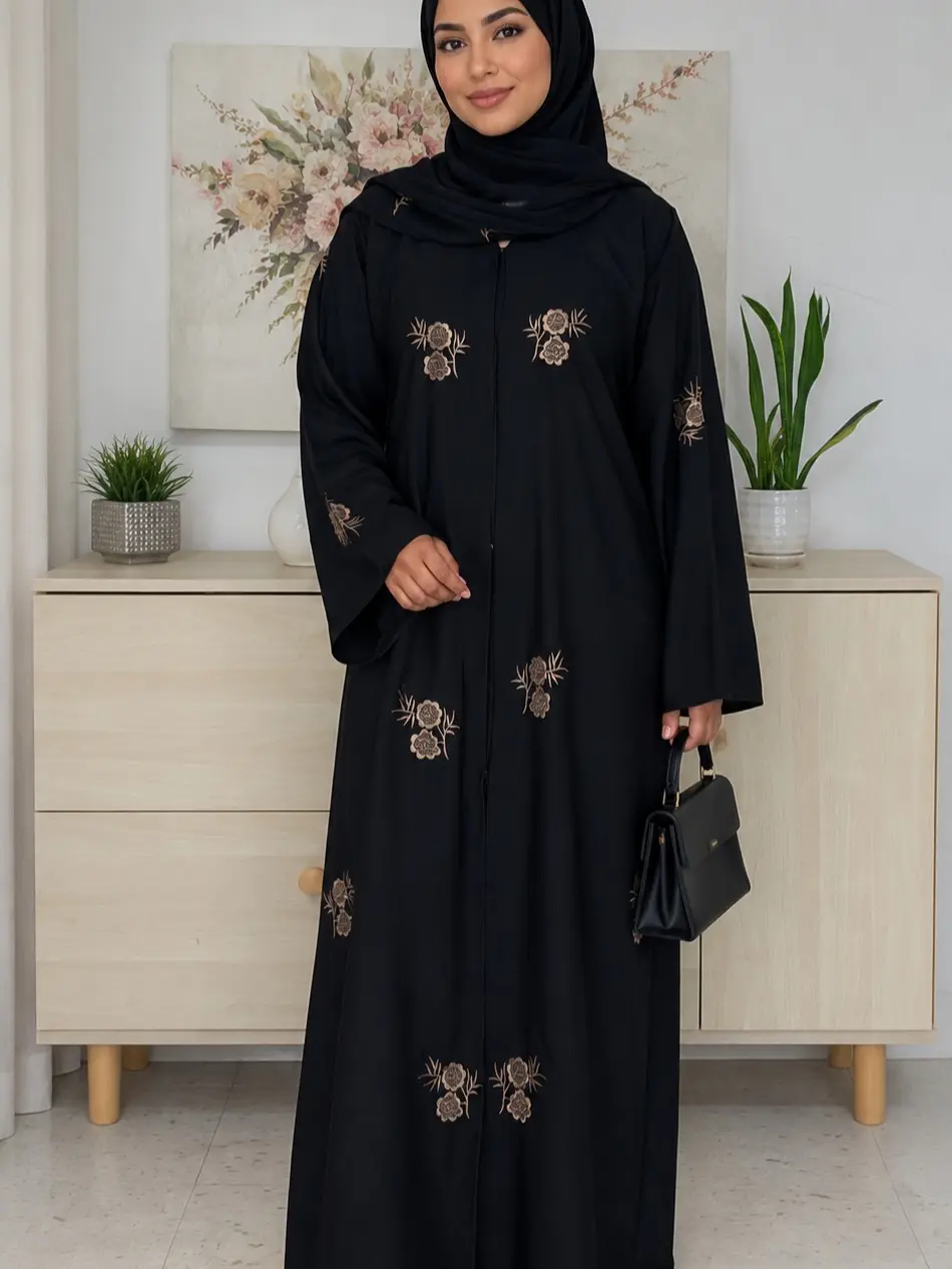 Classic front open embroidery abaya dress for women