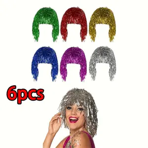 6Pcs Metallic Shiny Wigs, Party Photo Props Set, Crazy Fluffy Wigs, Cosplay Wigs, Pet Rain Hat, Holiday Fun Wigs, Interactive Party Games, Creative Gifts, Holiday Accessories, Birthday Party Supplies & Birthday Gifts. Color may vary slightly from image, c