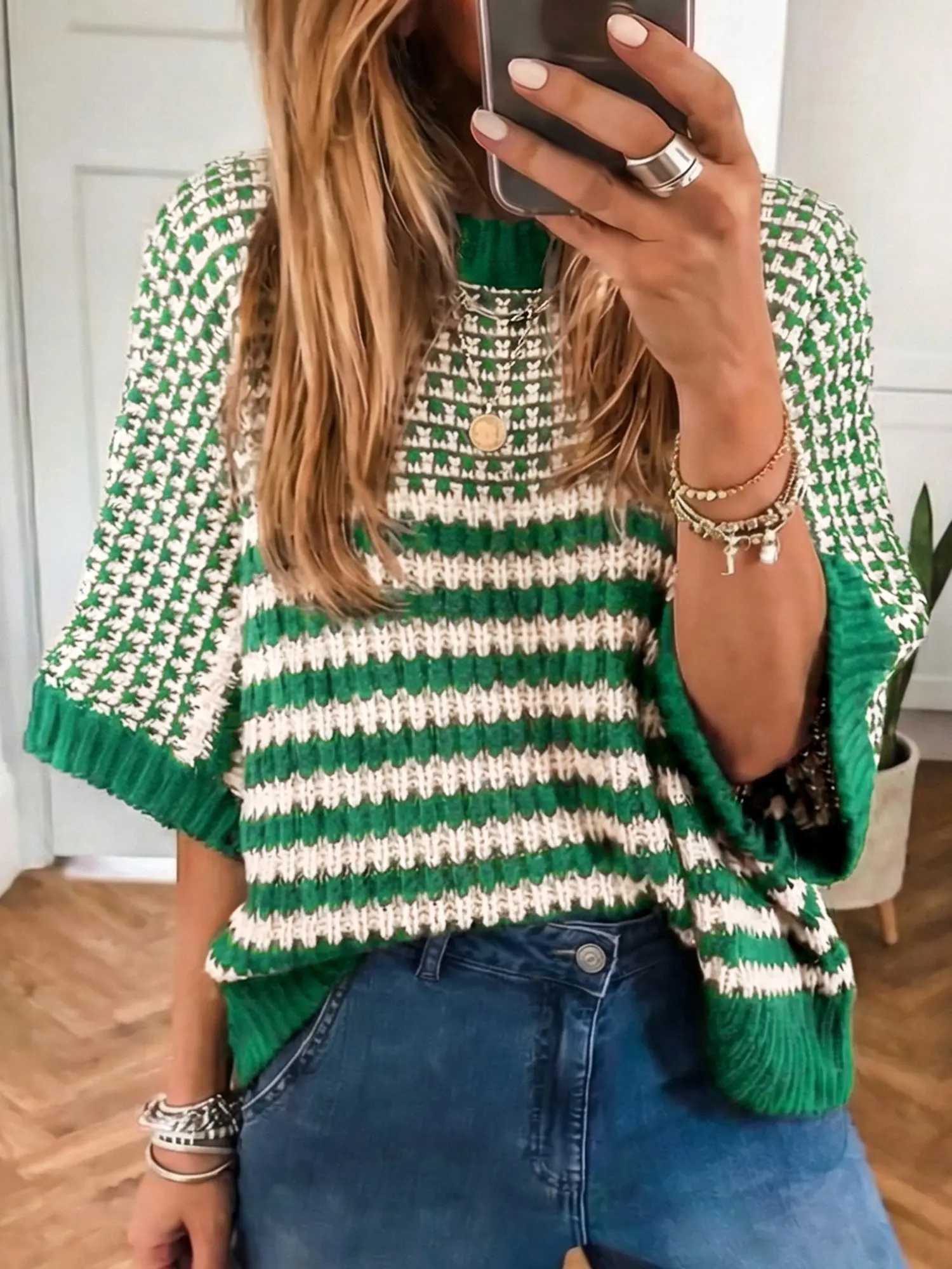 Green Stripe 3/4 Draped Sleeve Slouchy Sweater