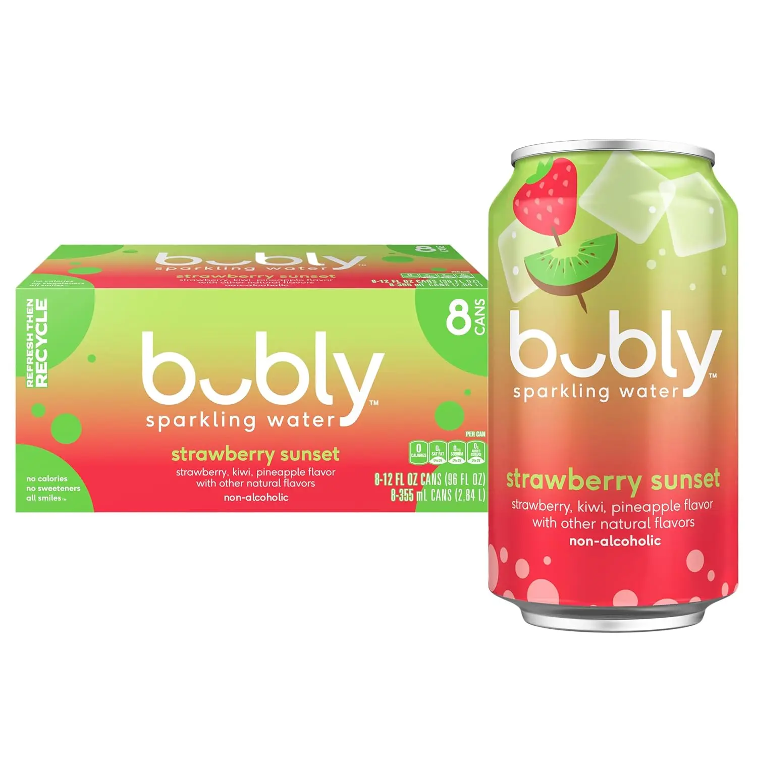 bubly Sparkling Water, Strawberry Sunset, Zero Sugar & Zero Calories, 12 Fl Oz Cans (Pack of 8)