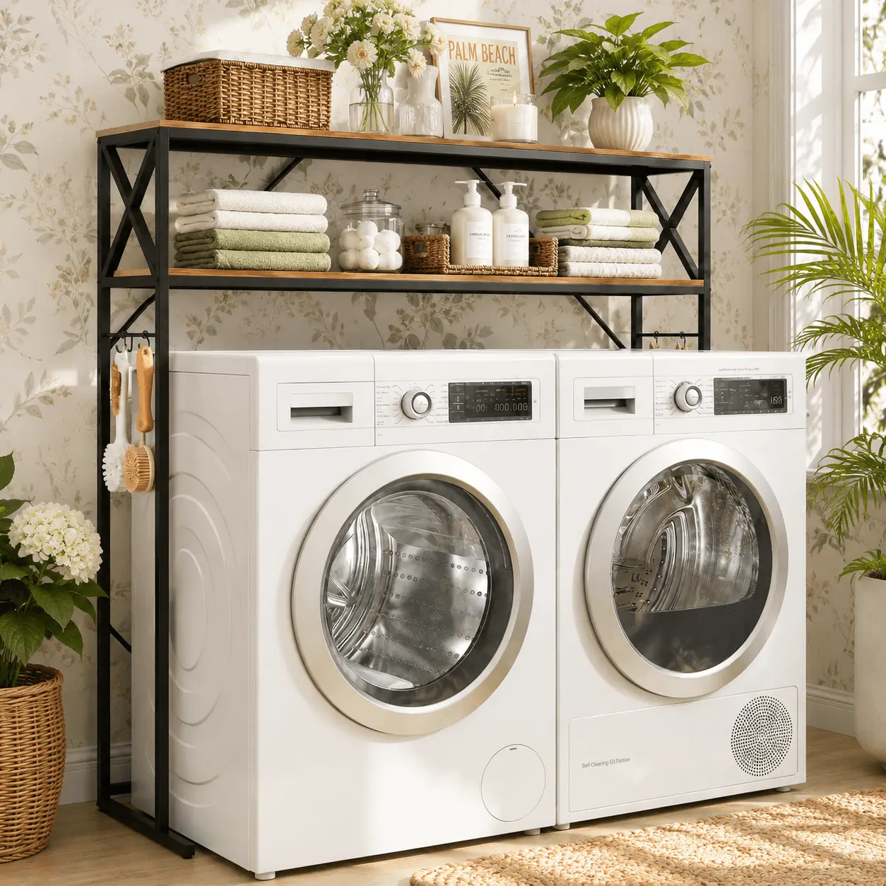 57" Double Over Washer and Dryer Storage Rack, 2-Tier Adjustable Laundry Space Saver Shelf with Side Hooks, Rustic Wood & Metal