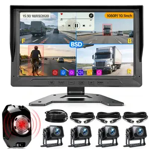 ConewVehicle Truck Backup Camera System with 10.1 inch Monitor for RV Bus Trailer Camper with 4 Rear/Side View 1080P HD Cameras 4 Splits Screen DVR Recording IP69 Waterproof MP5 Music Video Player BSD Avoid Blind
