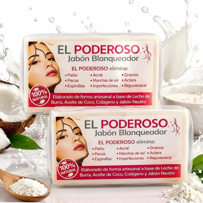 2 Pack El Poderoso Brightening Soap Bar (3.52 oz / 100g) – Donkey Milk, Coconut Oil & Collagen Infused Facial Soap – Natural Glow, Deep Cleansing & Skin Softening – Handmade in Mexico