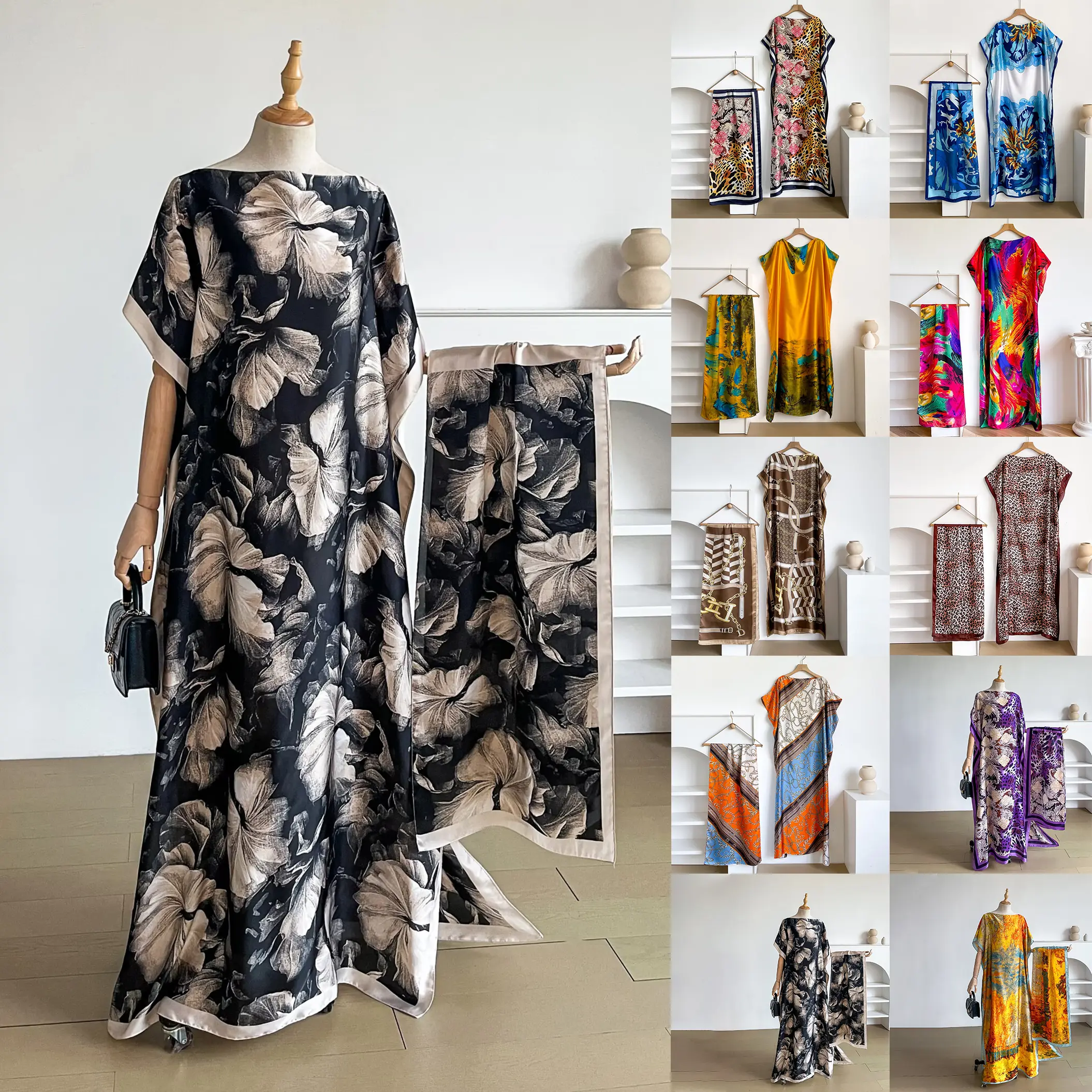 Dress for Women's Floral Print Long Dress  Scarf SetBoho Casual Shawl Dress Scarf Set for Beach Vacation Holiday Ladies Clothes for All Seasons