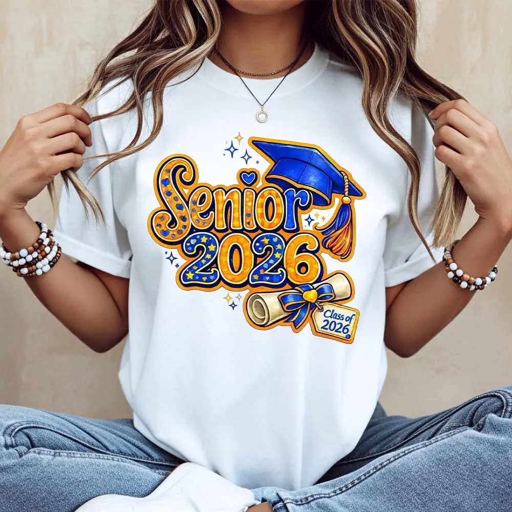 Senior 2026 Graduation Cap And Diploma Print T Shirt White Casual Loose Fit For Everyday Wear And Sports Activities