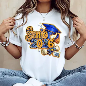 Senior 2026 Graduation Cap And Diploma Print T Shirt White Casual Loose Fit For Everyday Wear And Sports Activities
