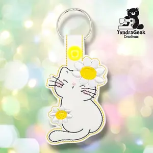 Flower Kitty Keychain | Embroidered Faux Leather | Cat Lover Gift | Daisy Cat | Handmade Keychain | Alaskan Made
