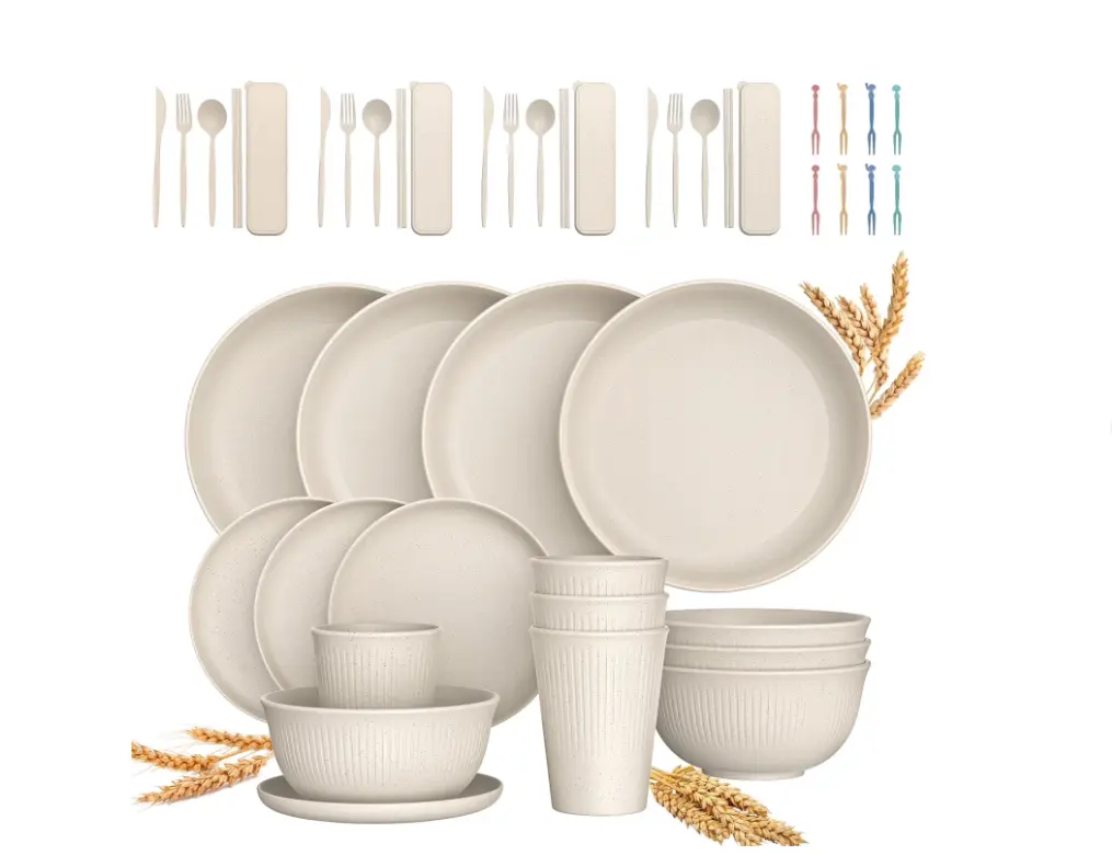 48-Piece Wheat Straw Dinnerware Set 4 Unbreakable Sets with Plates Bowls Cutlery Reusable Dishwasher Microwave Safe Eco-Friendly
