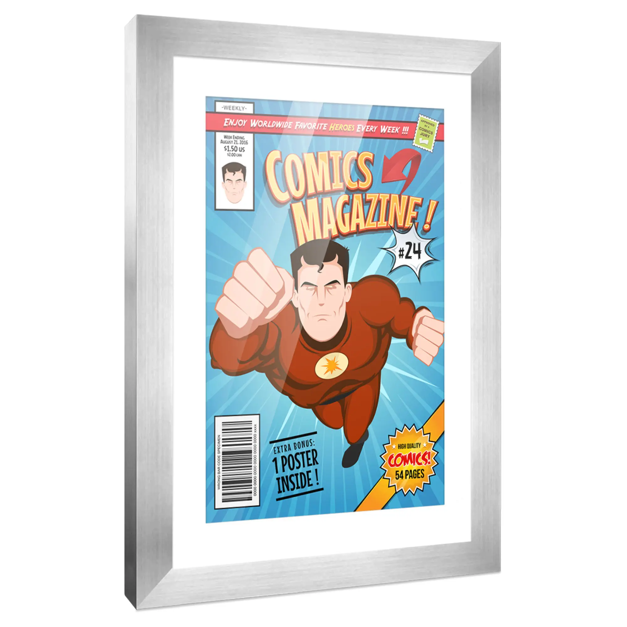 Comic Book Frame with Mat for 1 Silver Age Comic Published Between 1956 and 1970 - Silver Wood Comic Frame With White Mat for 7.125x10.5 Comic - 10x14 Frame Size