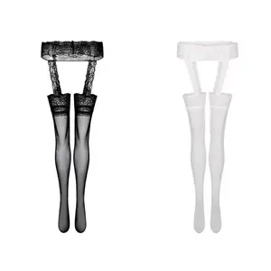 Sheer Lace Garter Stockings – Thigh High Pantyhose (Black/White, One Size/Plus Size)