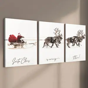 Santa Claus & Reindeer Themed Poster, Christmas Decoration Poster, Party Mural, 3 Counts Modern Art Wall Decoration, Home Decoration Poster, Office, Living Room, Bedroom Wall Decor, Ideal Gift, Waterproof Art, Wooden Wall Art