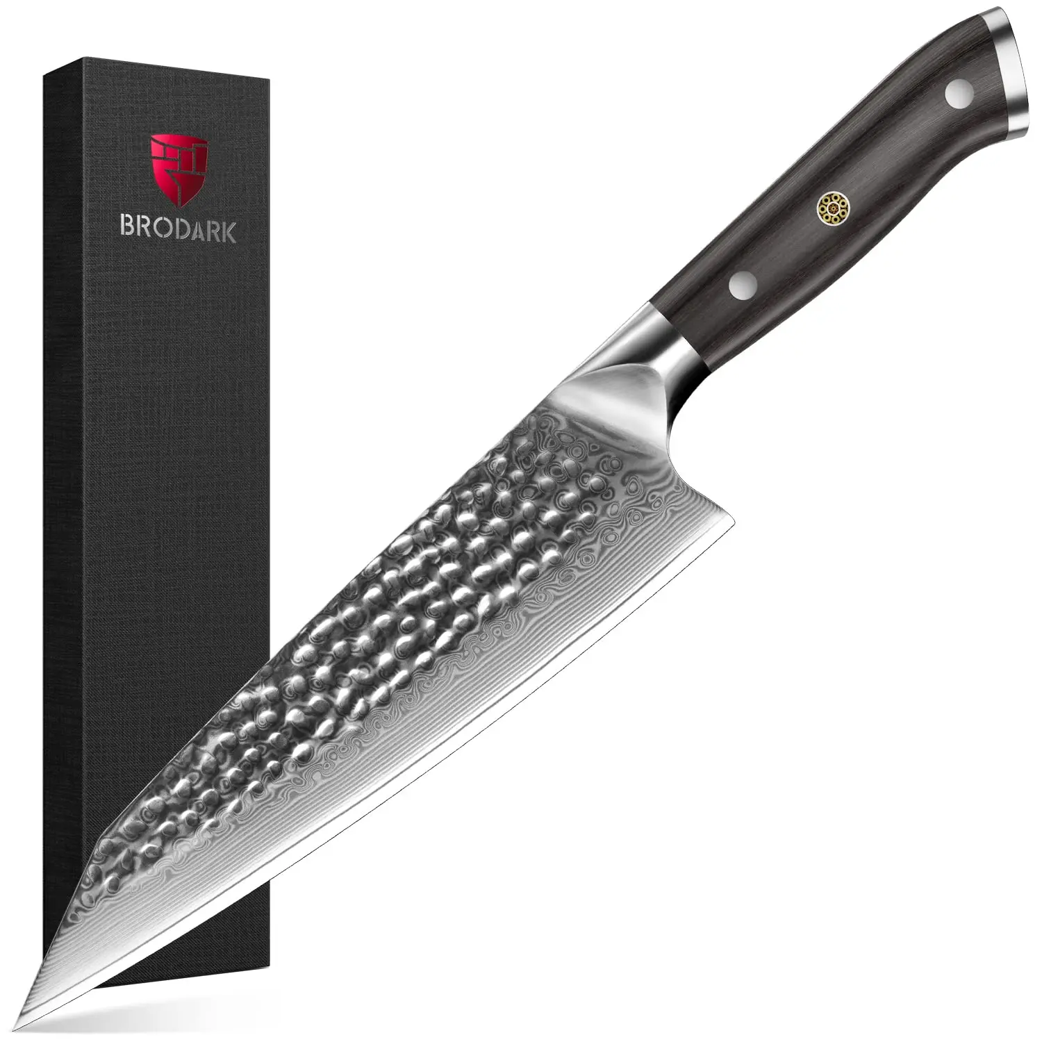 BRODARK Japanese Chef Knife, 8 inch Damascus Chef Knife, Ebony Wood Handle | Professional Damascus Kitchen Knife, Ergonomic Wood Handle, Japanese VG-10 Steel Core, For Home & Pro Kitchen, Holiday Gifts