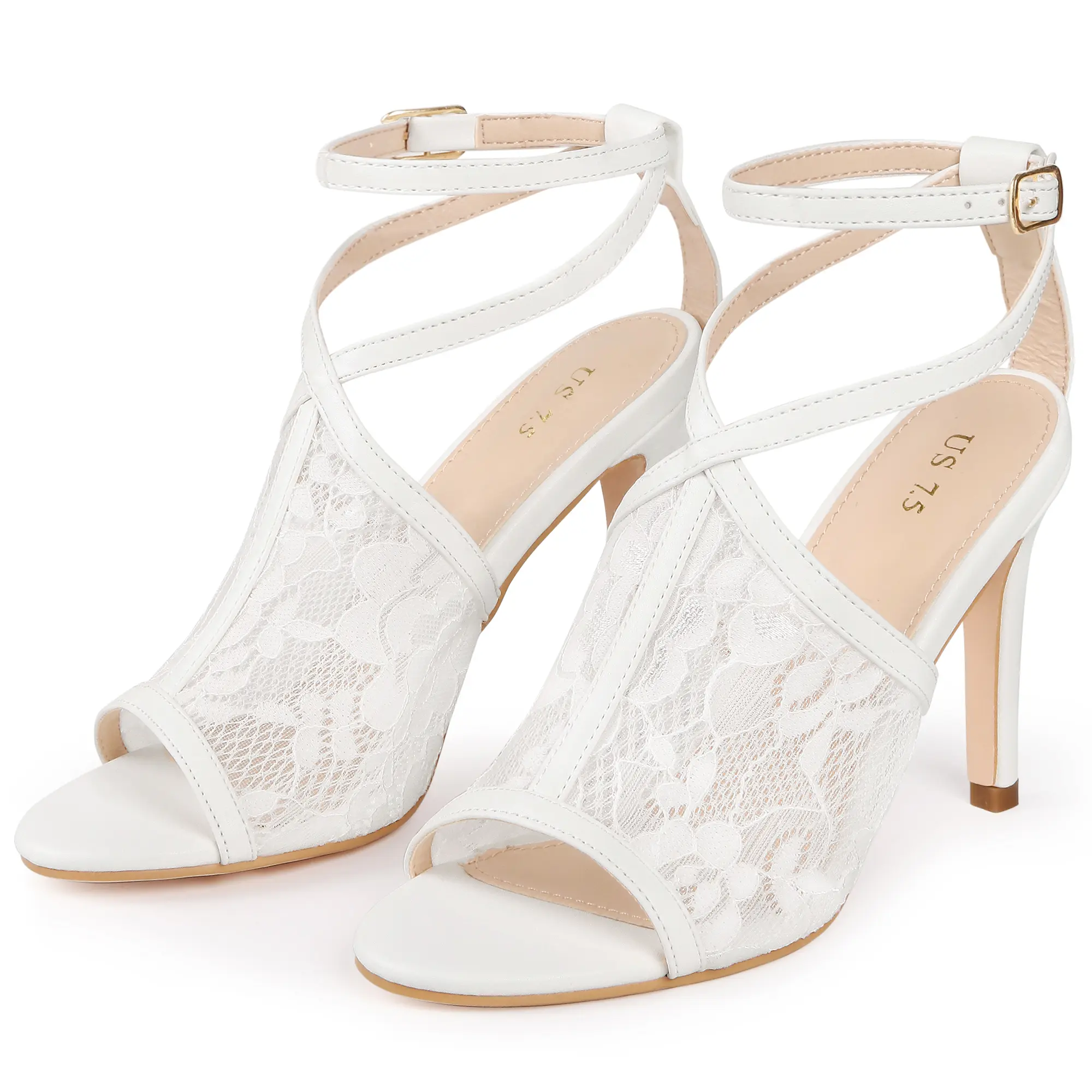BLISSFUL STEP Floral Lace Open Toe Ankle Strap Stiletto Heel Sandals for Women