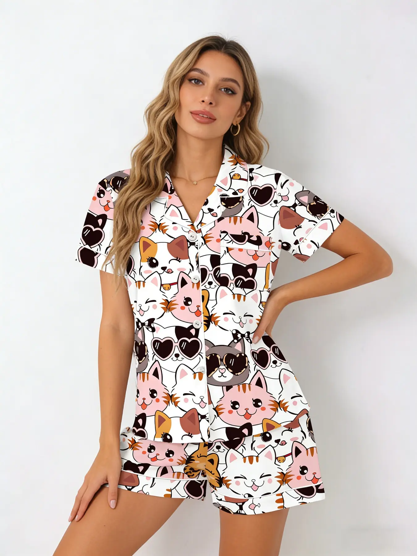 Cat Lover White Cartoon Cat Pajama Set for Women, Button Down Short Sleeve Shorts, Spring Summer Wearable Casual Loungewear, Cat Print, Loose Fit Homewear