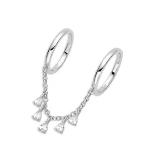 Elegant CZ Dangle Chain Double Ring - Costume Jewelry Accessory for Dress Up, Special Events