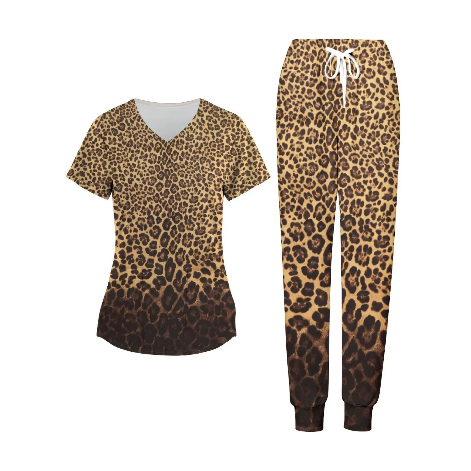 Leopard Print V-Neck Nurse Uniform Set for Women - Comfortable Stretch Scrub Top and Pants with Pockets, Ideal Professional Workwear for All Seasons