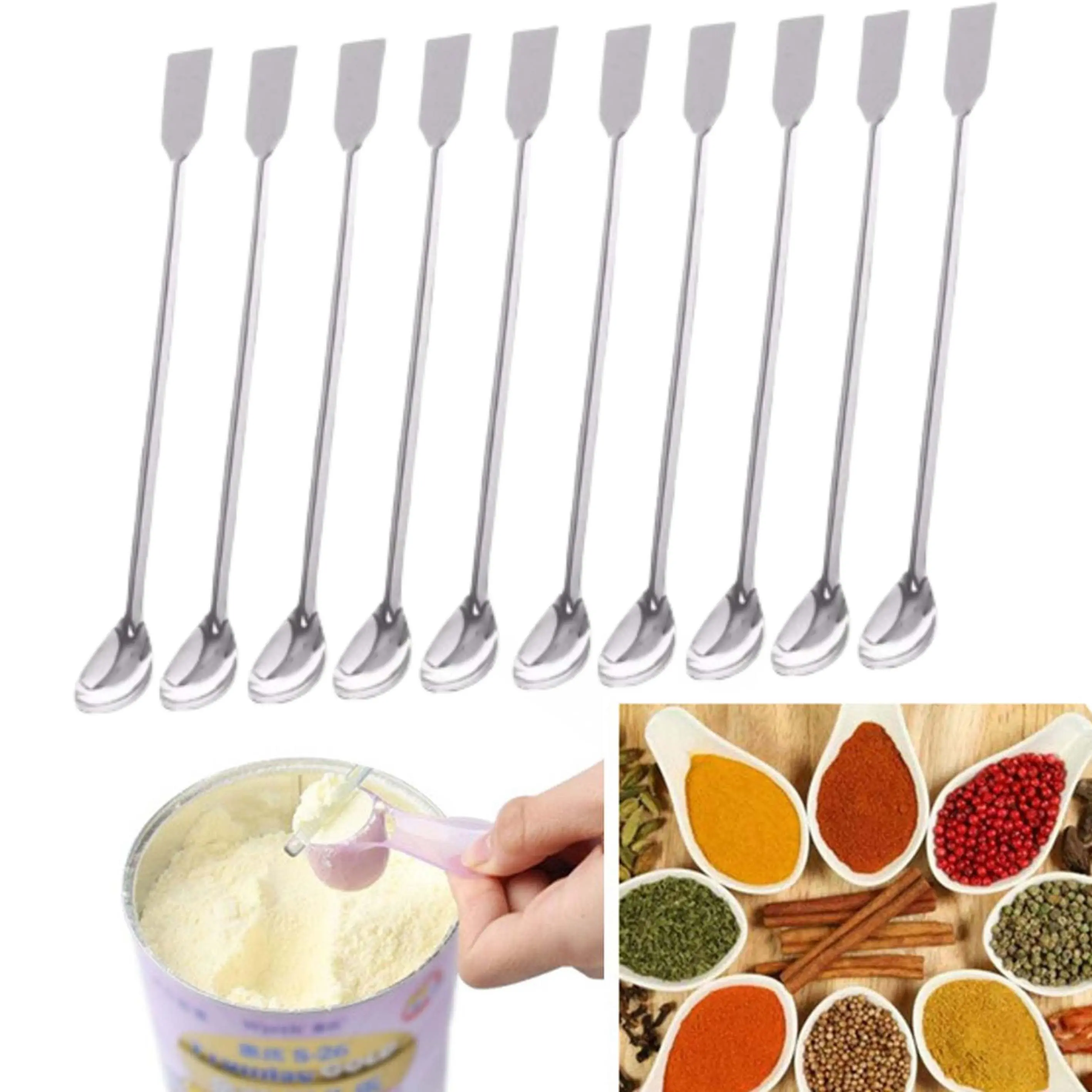 10PCS 2 in 1 Stainless Steel Lab Spoon Spatula/Laboratory Sampling Spoon Mixing Spatula