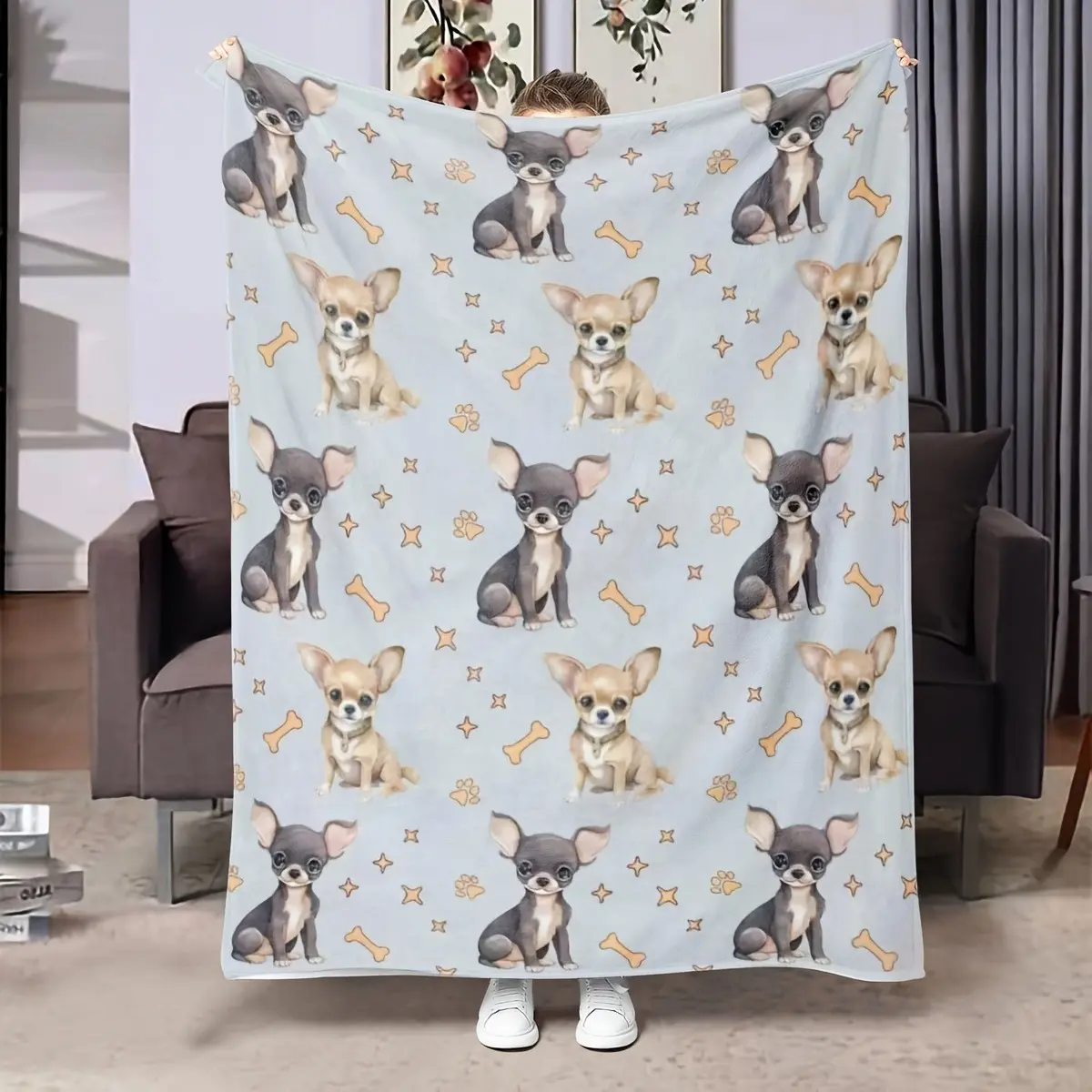 Chihuahua Cute Theme Flannel Fabric Blanket - Multi-Size, Puppy Paw, Bone, Star Prints, Soft Cozy Warm Plush Throw, Ideal Gift for Chihuahua Lovers, Home Relaxation for Living Room Bedroom Sofa Couch, Plush Texture
