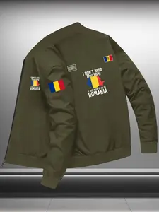 Men's Romanian Flag Jacket with Map Print, Lightweight Zipper Ethnic Pride Coat, Casual Fitted Outdoor Jacket for Hiking and Training