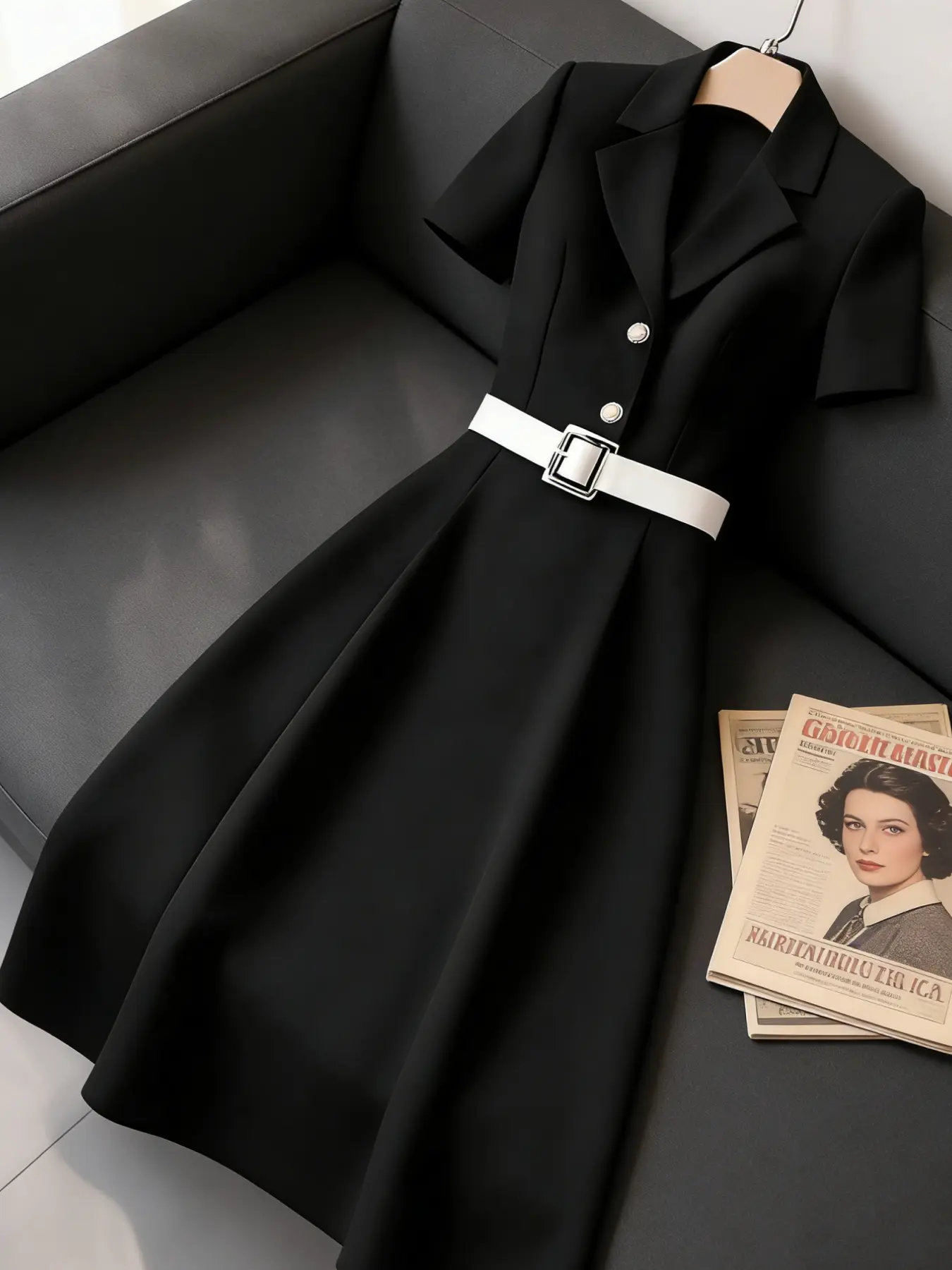 A fashionable, luxurious, and high-end black suit collar dress, suitable for women's summer waist cinching and slimming short sleeved party dress, suitable for home, indoor, and outdoor wear