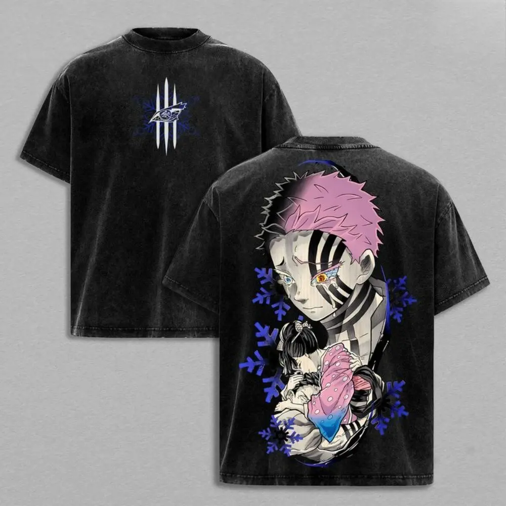 Akaza vs Koyuki Oversized Washed T-Shirt – Demon Slayer Kimetsu no Yaiba Vintage Heavy Cotton Unisex Tee Anime Manga Streetwear Retro Graphic Top Otaku Merch Gift for Fans Anime merchandise Inkjet printed T-shirts