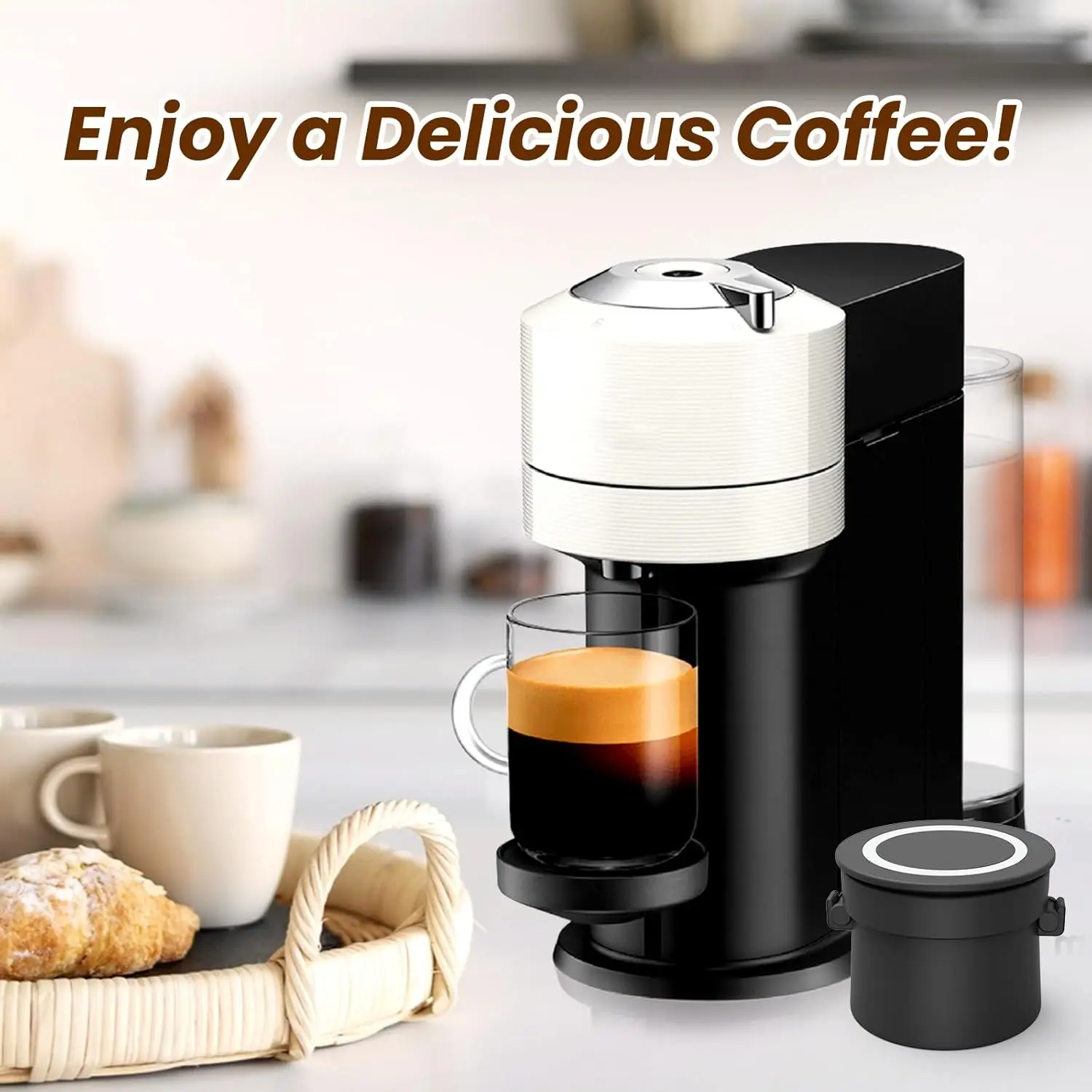 Reusable Vertuo Capsule Kit for Reusable nspresso Vertuo Pods, Upgraded Holder with 100 Pcs Aluminum Foil Seal Lids and Brush Lid Opener for Refillable Vertuo Pods（Black)