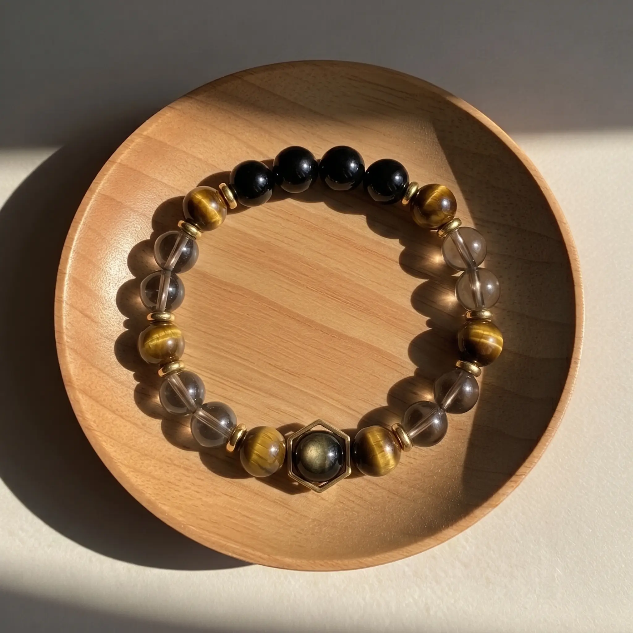 Protection Bracelet - 10mm Tigers Eye Obsidian Smoky Quartz Stone Bracelet - Boho Jewelry Stackable, Layering