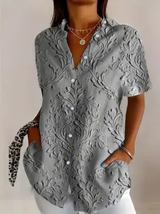 2026 Women's Summer Retro Embroidered Short Sleeve Shirt, Loose Fit, Turn-Down Collar, Casual Top, All over Print, H-Type Silhouette