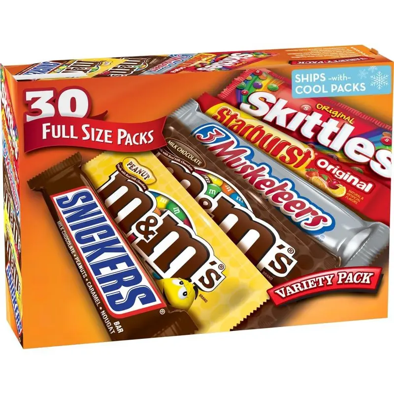 Mars M&M'S, SNICKERS, 3 MUSKETEERS, SKITTLES & STARBURST Variety Pack Full Size Bulk Candy Assortment, 56.11 oz, 30 Count Snack Chocolate