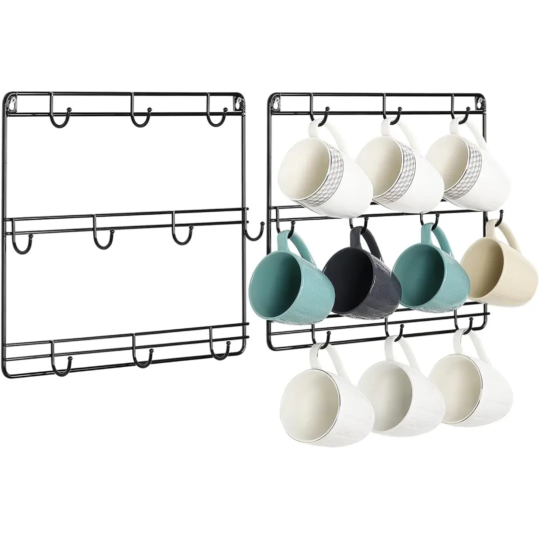 2-Pack Iron 3-Tier Wall-Mounted Hook Storage Rack with 10 Hooks, Space-Saving Cabinet Glass Organizer for Coffee Mugs, Tea Cups, Mason Jars