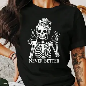 Skeleton Coffee Lover T-Shirt | Funny Halloween Skeleton Graphic Tee | Gothic Skull Design | 100% Cotton Casual Top