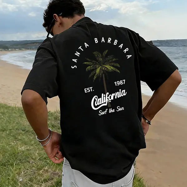 Men’s Santa Barbara, California printed short-sleeve T-shirt featuring American retro surf style, a relaxed drop-shoulder fit, street-style flair, versatile for summer casual wear, comfortable and breathable, effortlessly creates a laid-back vibe.