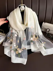 Elegant Floral Embroidered Silk Scarf for Women, Floral Print Scarf, Stylish Sun Protection Beach Shawl with Beads, Bohemian Windproof Must-Have
