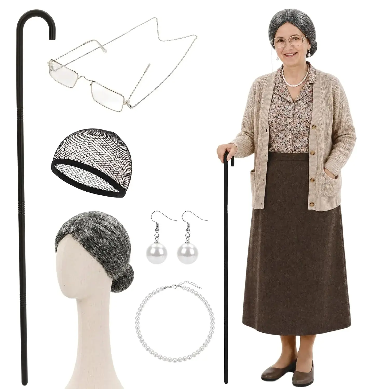 Old Lady Wig, Grandma Costume Accessories for Women